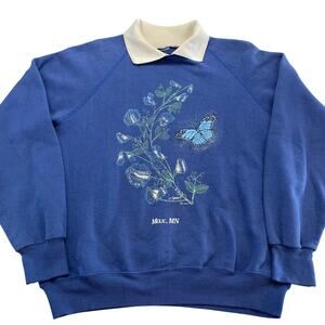 Vintage 90s Grandma Style Collared Blue Butterfly Sweatshirt, Max, MN, Size M